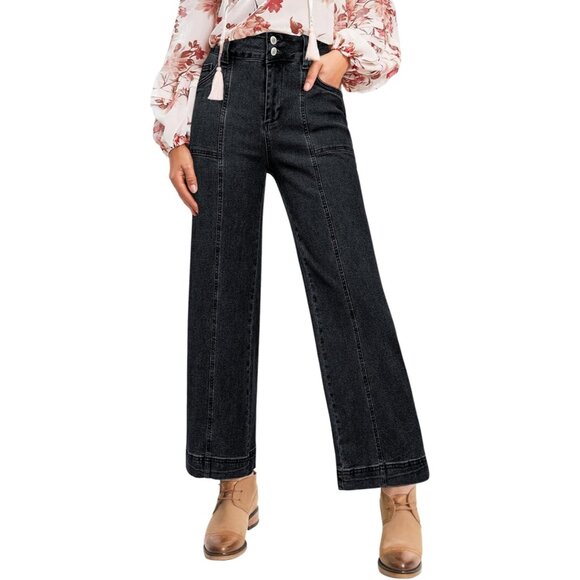 Women's High Waisted Wide Leg Cropped Denim Jeans Black Size 8 - Picture 1 of 6